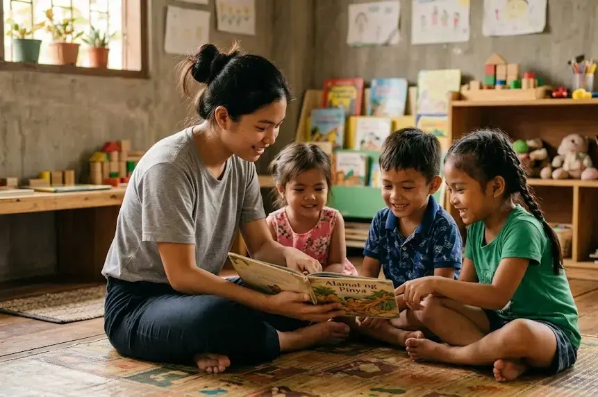 Volunteer reading with Filipino children at a community childcare center, warm indoor lighting, genuine candid moment