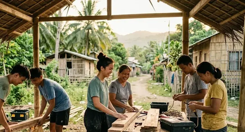 Mga Filipino volunteer na nagtutulungan sa isang rural na komunidad sa Pilipinas, golden hour, outdoor community project