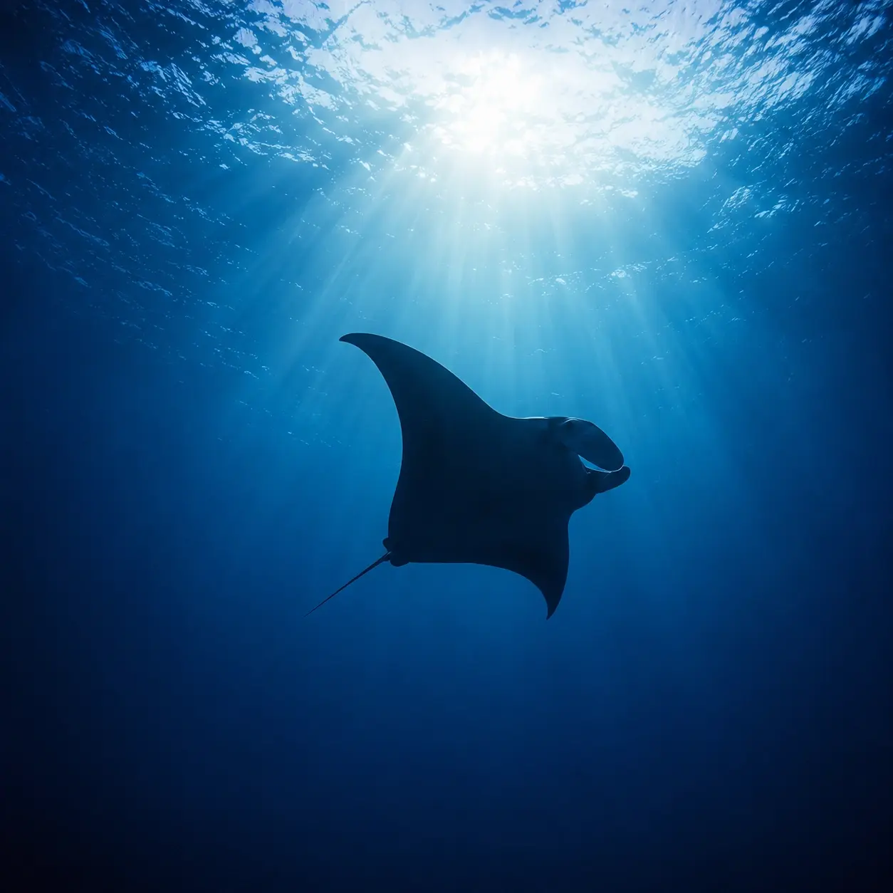 Manta ray silhouette gliding through deep blue ocean water off the Philippine coast — Voluntour marine conservation program