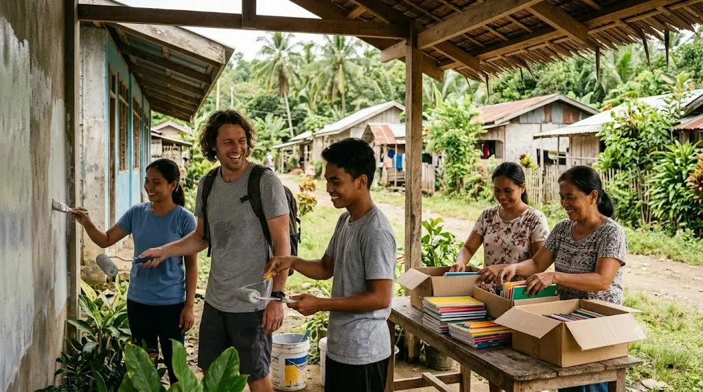Foreign and Filipino volunteers working together outdoors in a Philippine community, natural daylight, genuine candid moment